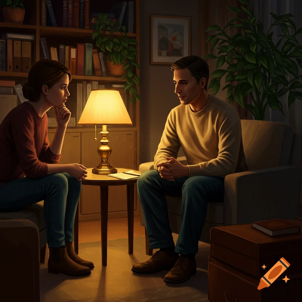 A man and a woman sit facing each other in a cozy, dimly lit room, illuminated by a table lamp. A bookshelf is in the background.