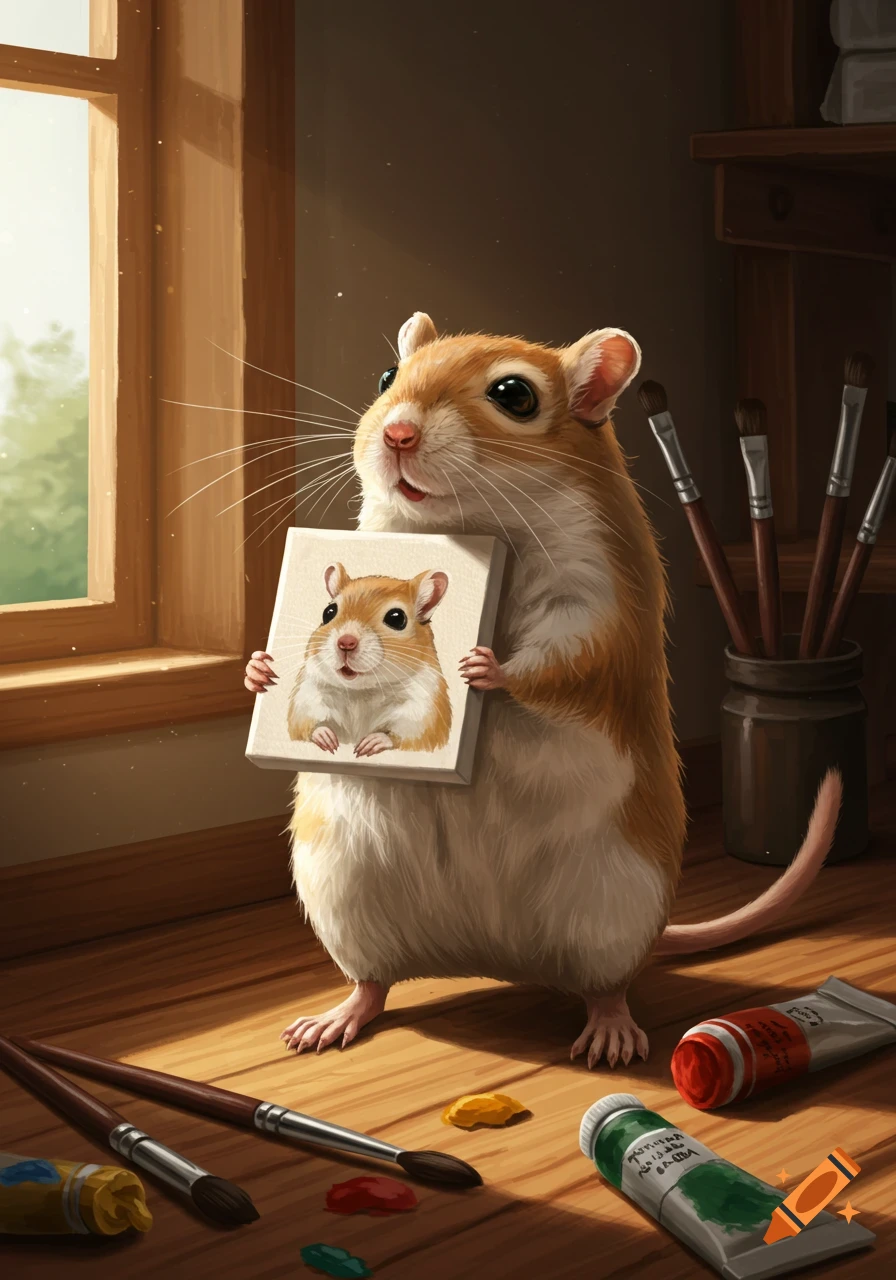A photorealistic gerbil holding a small canvas painting of itself, surrounded by art supplies in a sunlit room.