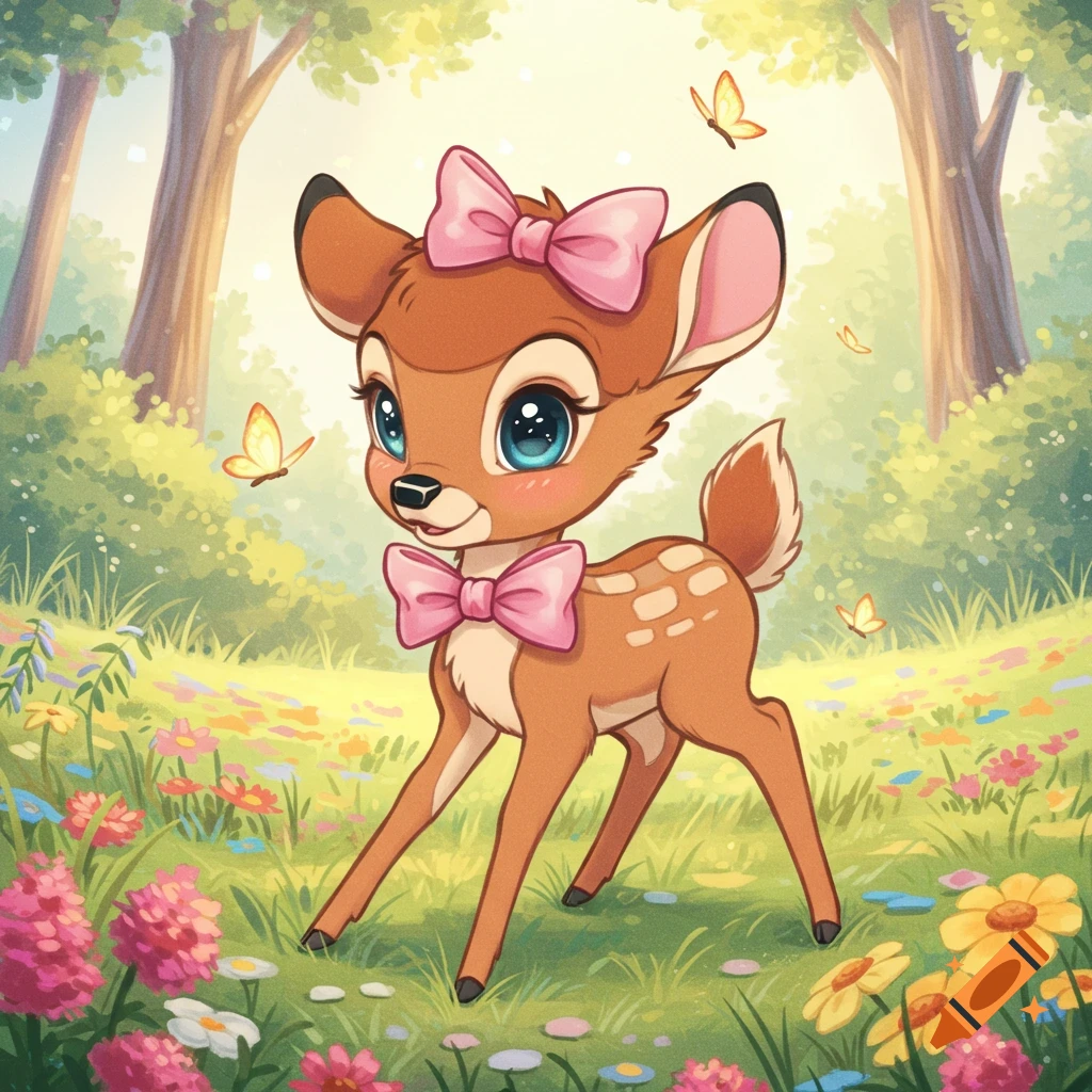 A very cute chibi deer with a pink bow on its head and neck stands in a sunny, flower-filled forest clearing with butterflies.
