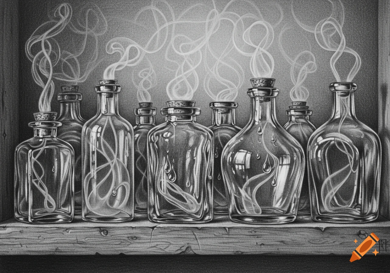 A detailed pencil drawing of several glass bottles with corks on a wooden shelf, emitting swirling smoke or ethereal spirits, with some bottles also featuring tear-like drops inside.