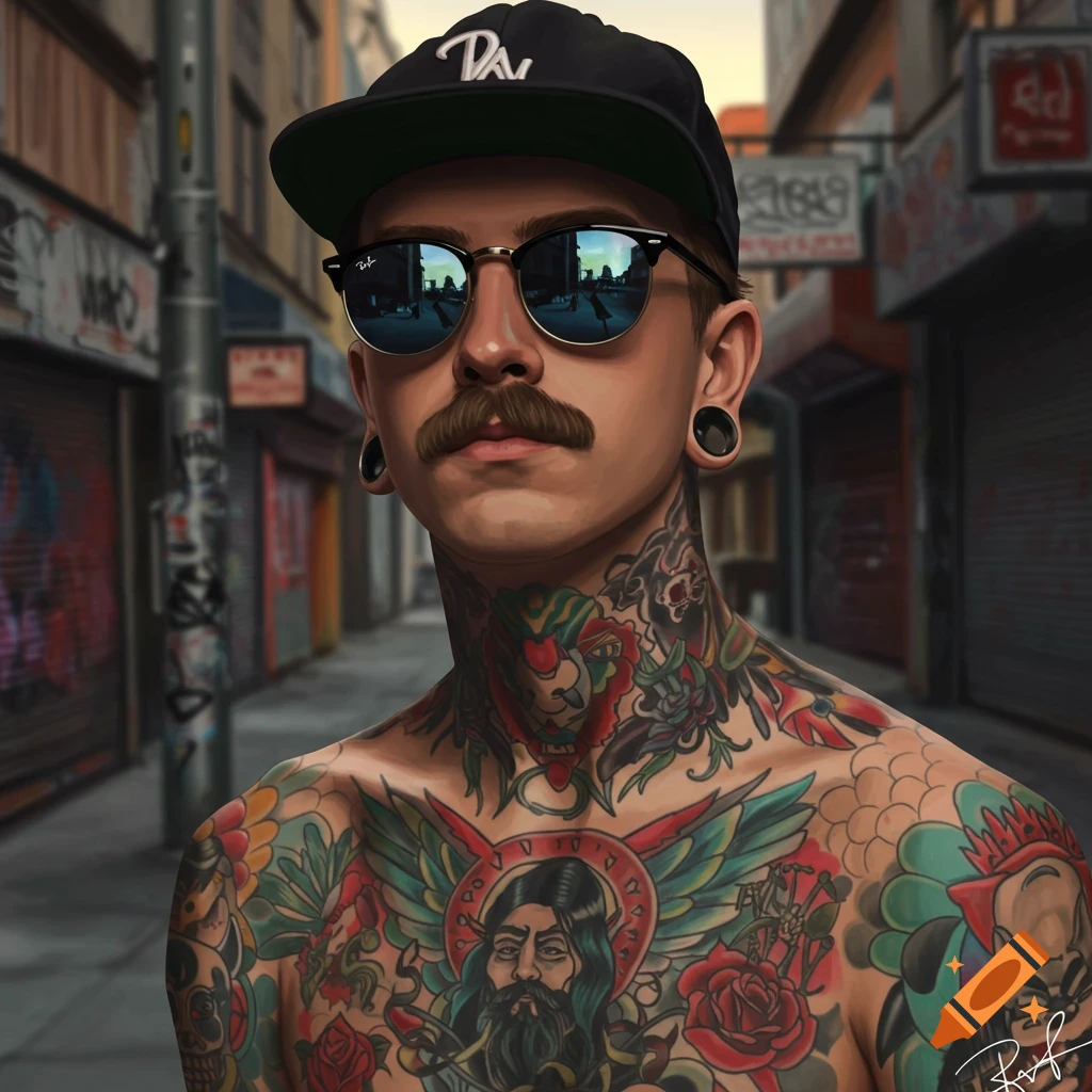 A young man with a thick mustache, sunglasses, gauge earrings, and a backwards hat, covered in colorful tattoos, standing on an urban street.