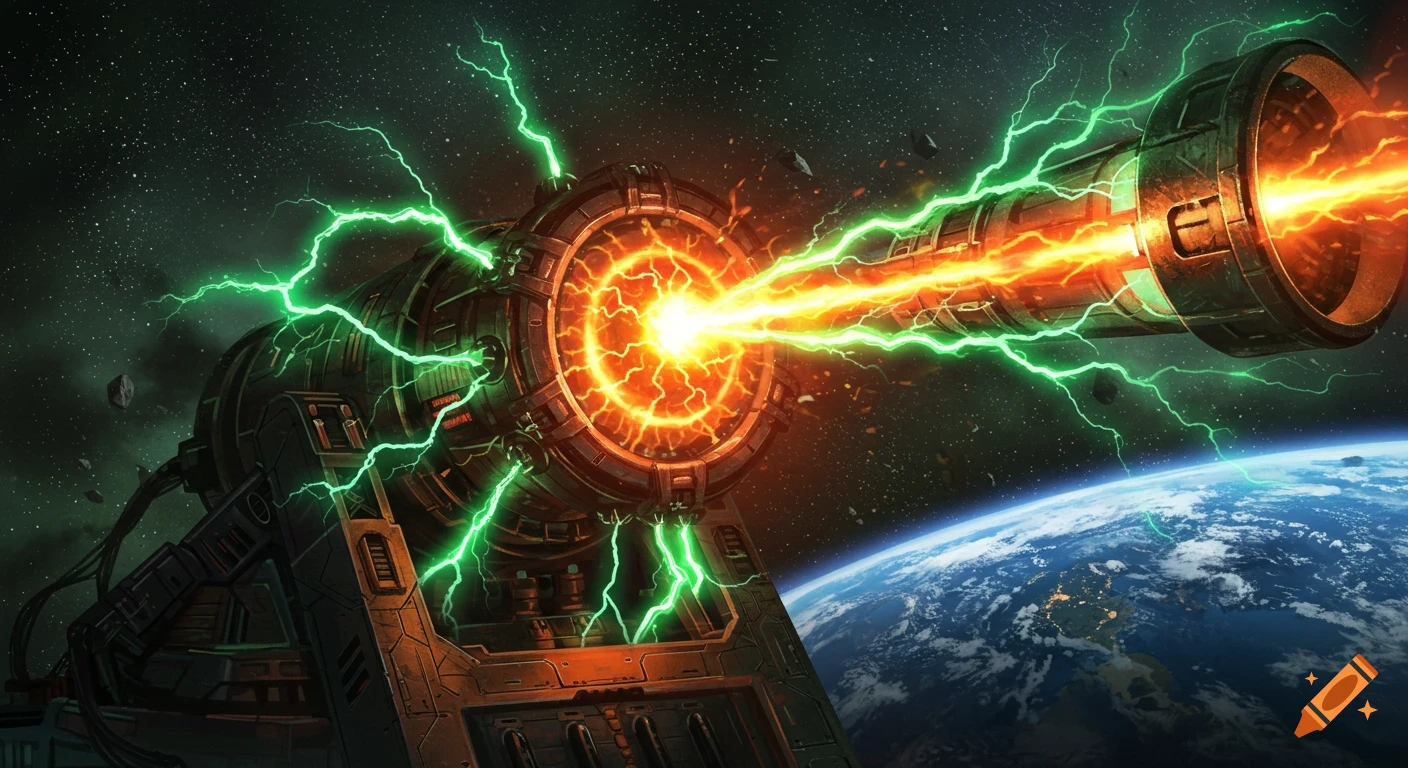 Giant futuristic cannon in space firing an orange plasma beam with green lightning towards Earth.