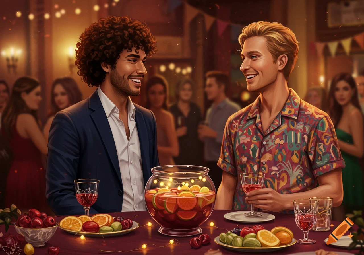Two smiling men stand by a punchbowl laden with fruit and drinks at a festive party, with other guests in the blurred background.