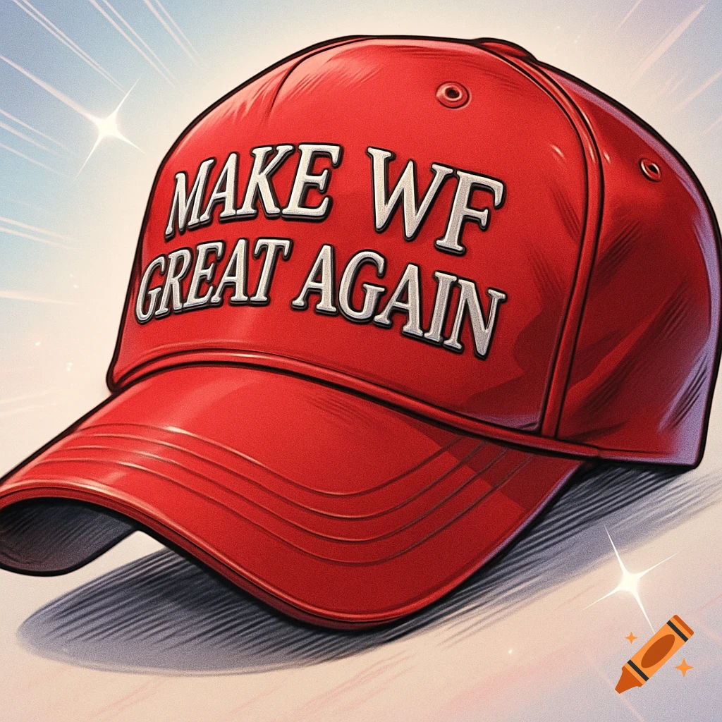 A vibrant red baseball cap with the white text "MAKE WF GREAT AGAIN" in a stylized, illustrated form.