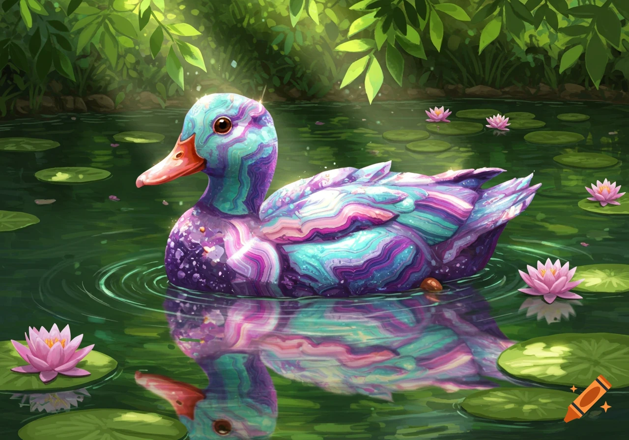A vibrant, multi-colored geode duck with blue, purple, and pink patterns floats in a green pond with pink water lilies.