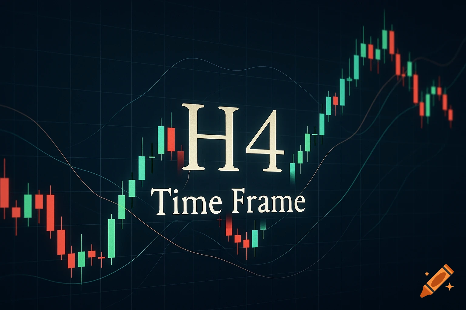 A dark background features a green and red candlestick financial chart with 'H4 Time Frame' text.