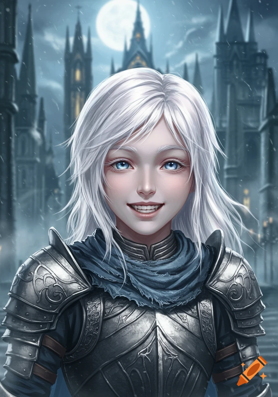 Smiling person with white hair and blue eyes in silver armor and blue scarf, standing before a gothic castle under a full moon with falling snow, digital art.