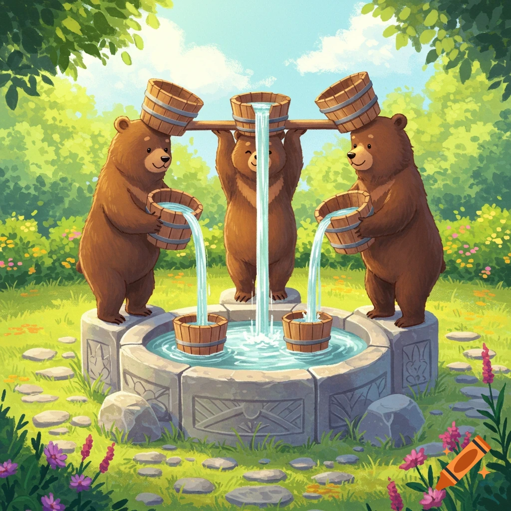 Three cartoon bears pour water from buckets into a stone fountain in a whimsical forest clearing, in a bright, illustrative style.