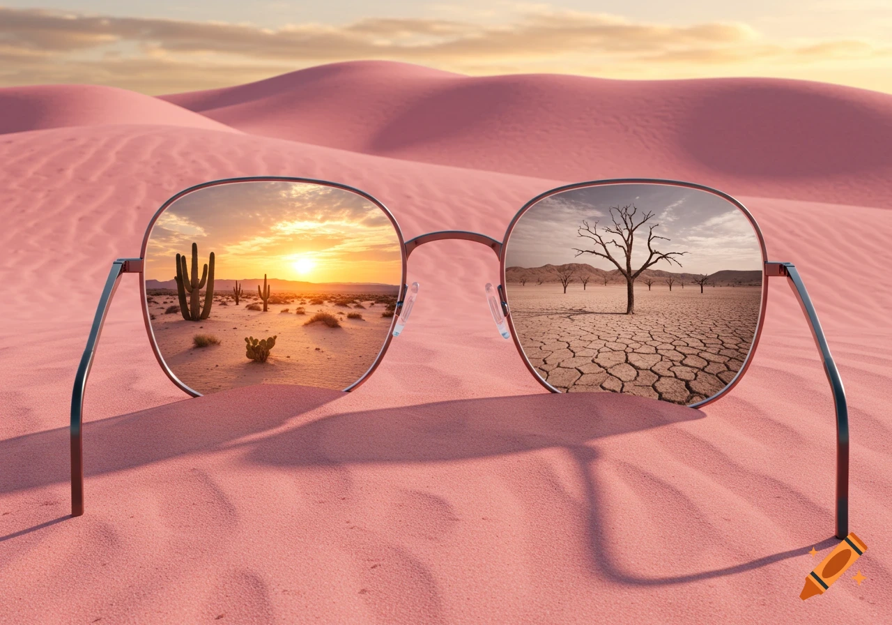 Glasses on pink sand dunes. One lens reflects a desert sunset with cacti, the other a dry, cracked desert with dead trees.