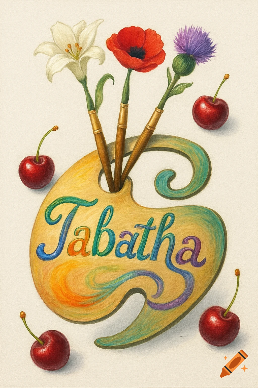 Colorful illustration of a paint palette with 'Tabatha' text, featuring brushes as a lily, poppy, and thistle, and red cherries.