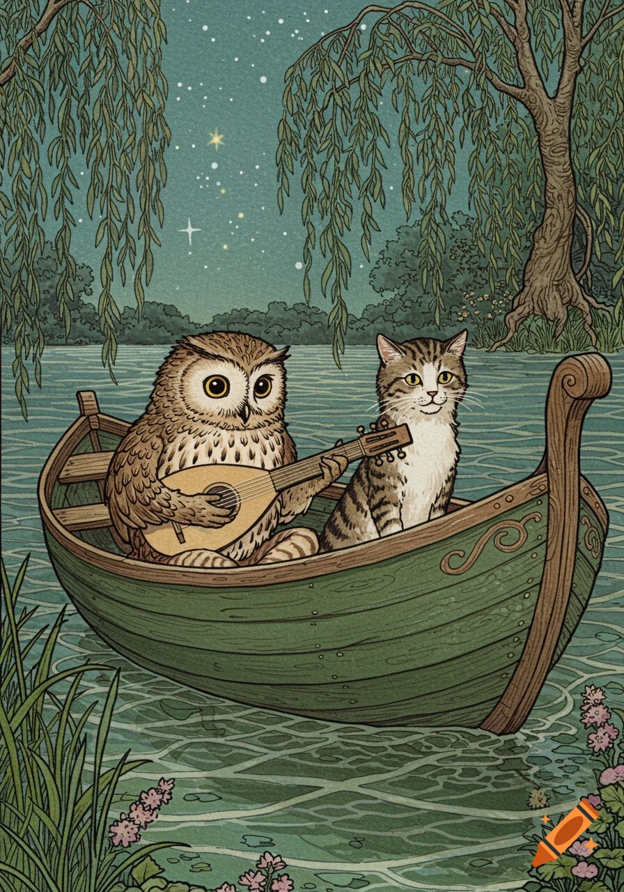 An illustrated scene of an owl playing a mandolin and a cat sitting in a green boat on water under a starry night with willow trees.