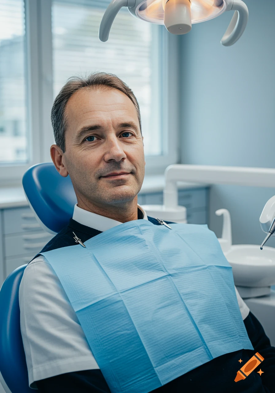 A man sits in a blue dentist's chair, wearing a white shirt and blue dental bib, looking at the camera in a modern dentist's office.