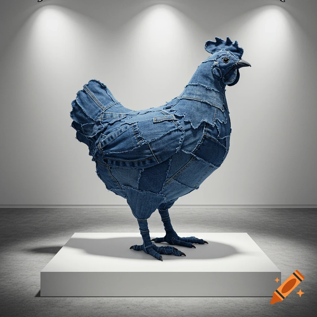 A photorealistic denim patch chicken sculpture stands on a white pedestal in a well-lit art gallery.