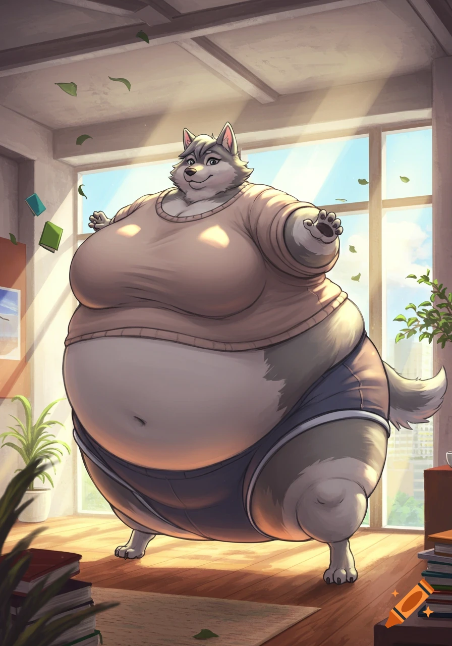 An extremely corpulent wolf-like character with a large round body, wearing a beige sweater and blue shorts, floats in a sunlit room with books and plants.