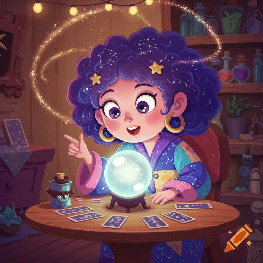 A cute cartoon child with curly purple hair and stars in it, wearing a colorful robe, looks happily at a glowing crystal ball on a table with tarot cards.