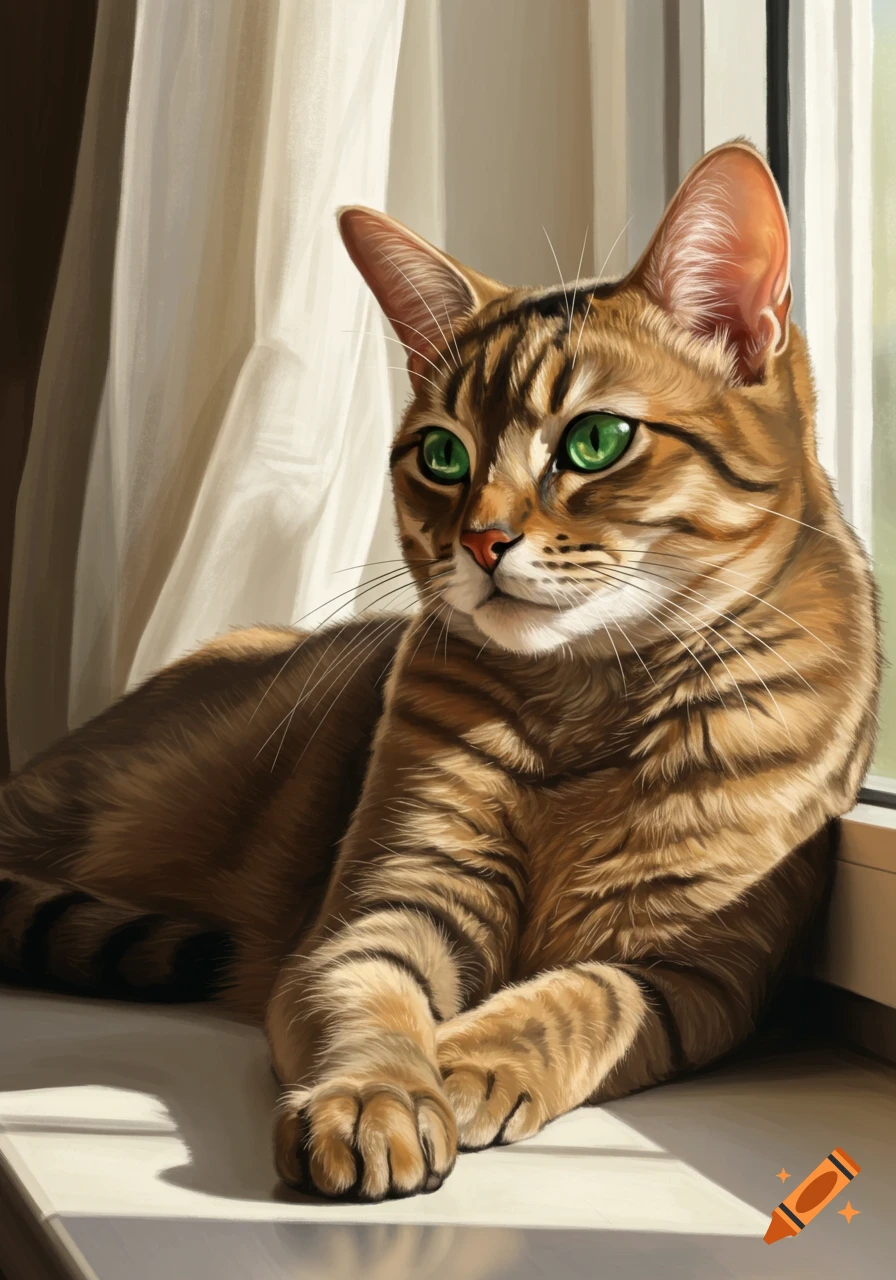 A photorealistic brown tabby cat with bright green eyes lies on a sunny windowsill, looking out.