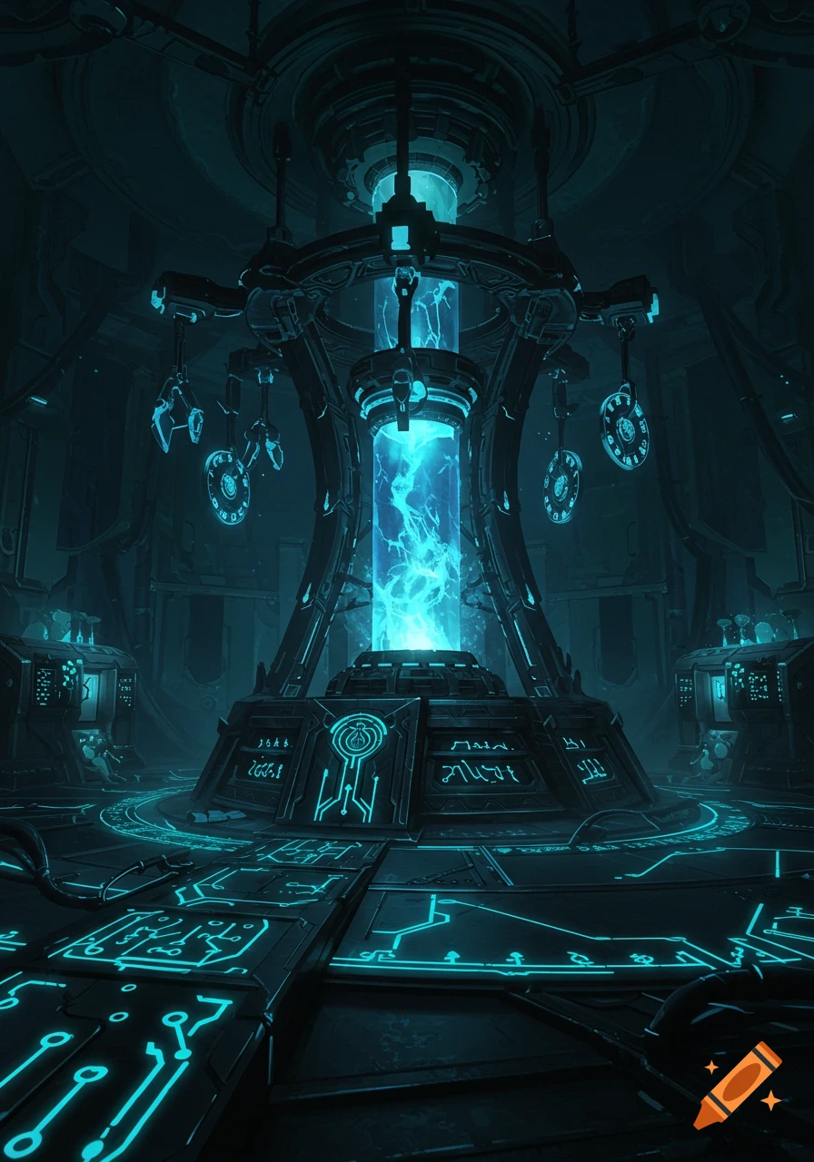 A towering, futuristic arcane altar glows with blue energy in a dark, tech-filled chamber with circuit patterns on the floor.