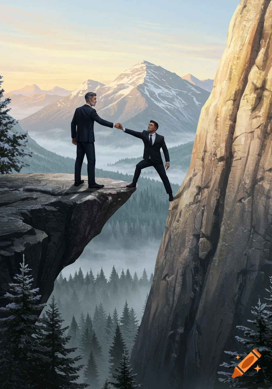 Two businessmen shaking hands across a chasm on a mountain cliff, with snowy mountains and misty forests behind them.