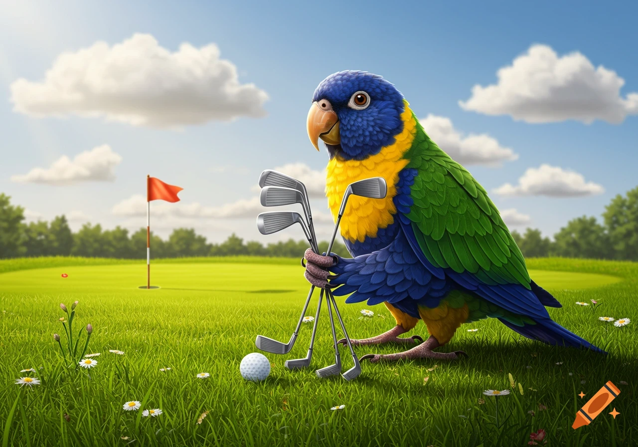 A colorful cartoon parrot stands on a sunny golf course, holding a set of golf clubs with a golf ball at its feet.