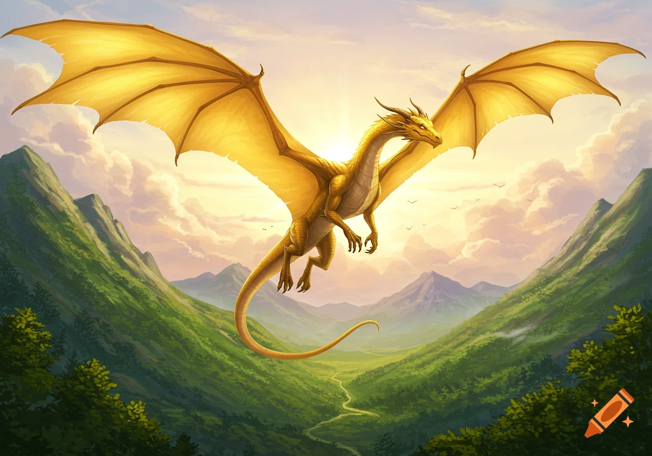 A golden dragon with large wings flies over lush green mountains under a bright, cloudy sky.