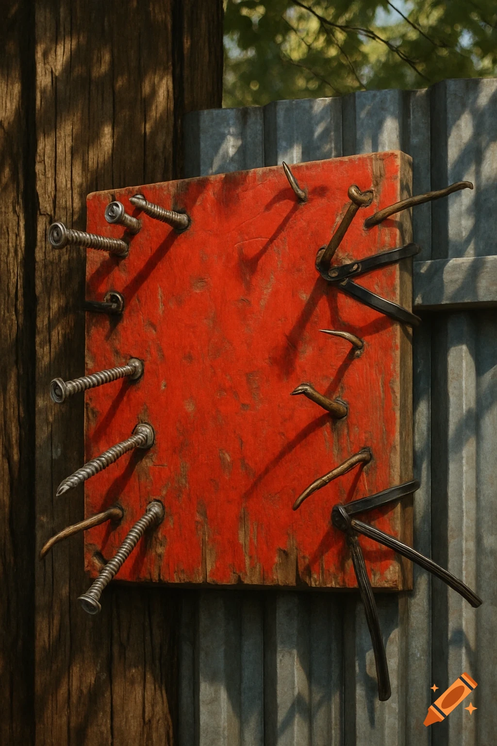 A weathered red wooden board with numerous screws and bent nails attached to a corrugated metal fence, next to a wooden post, in a photorealistic style.