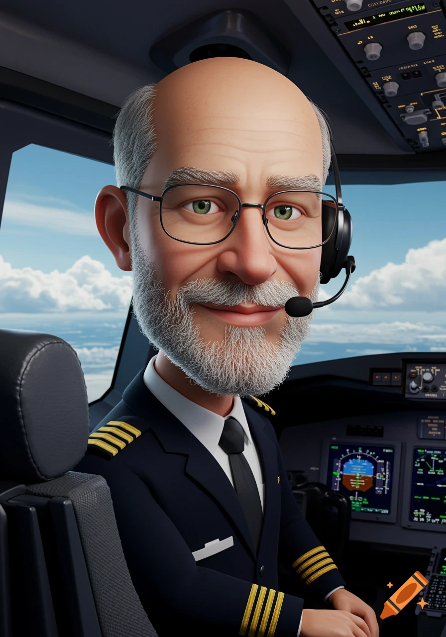 3D caricature of a bald male airline captain with a white beard and glasses, wearing a headset in an airplane cockpit.