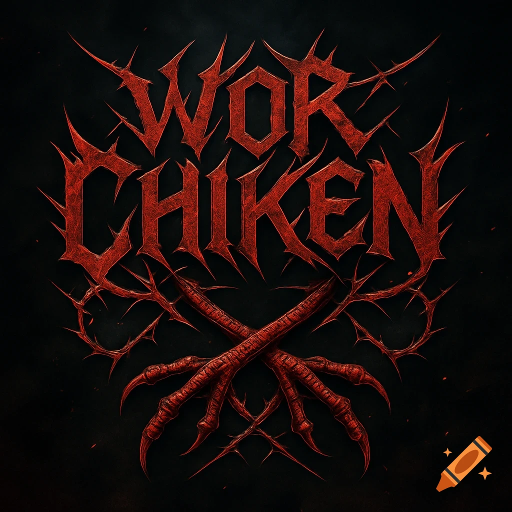 Red thorny death metal band logo for 'WOR CHIKEN' with crossed clawed feet on a dark background.