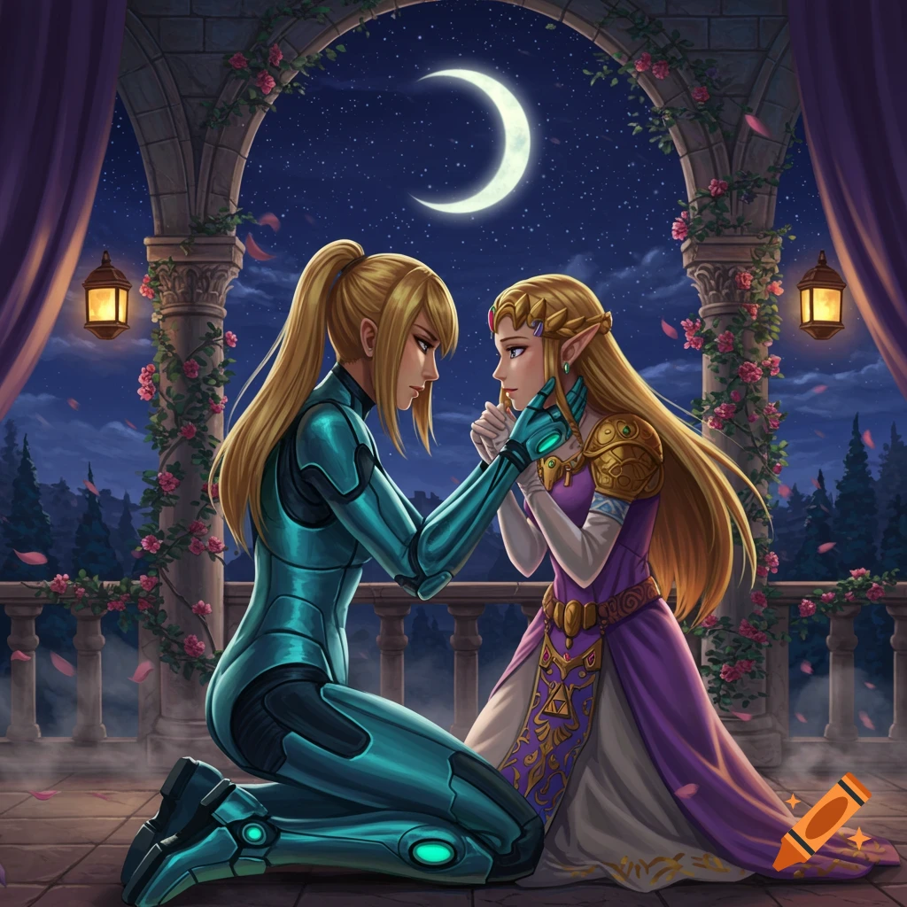 Samus Aran kneels on a castle terrace, tenderly holding Princess Zelda's face under a crescent moon, in an illustrated style.