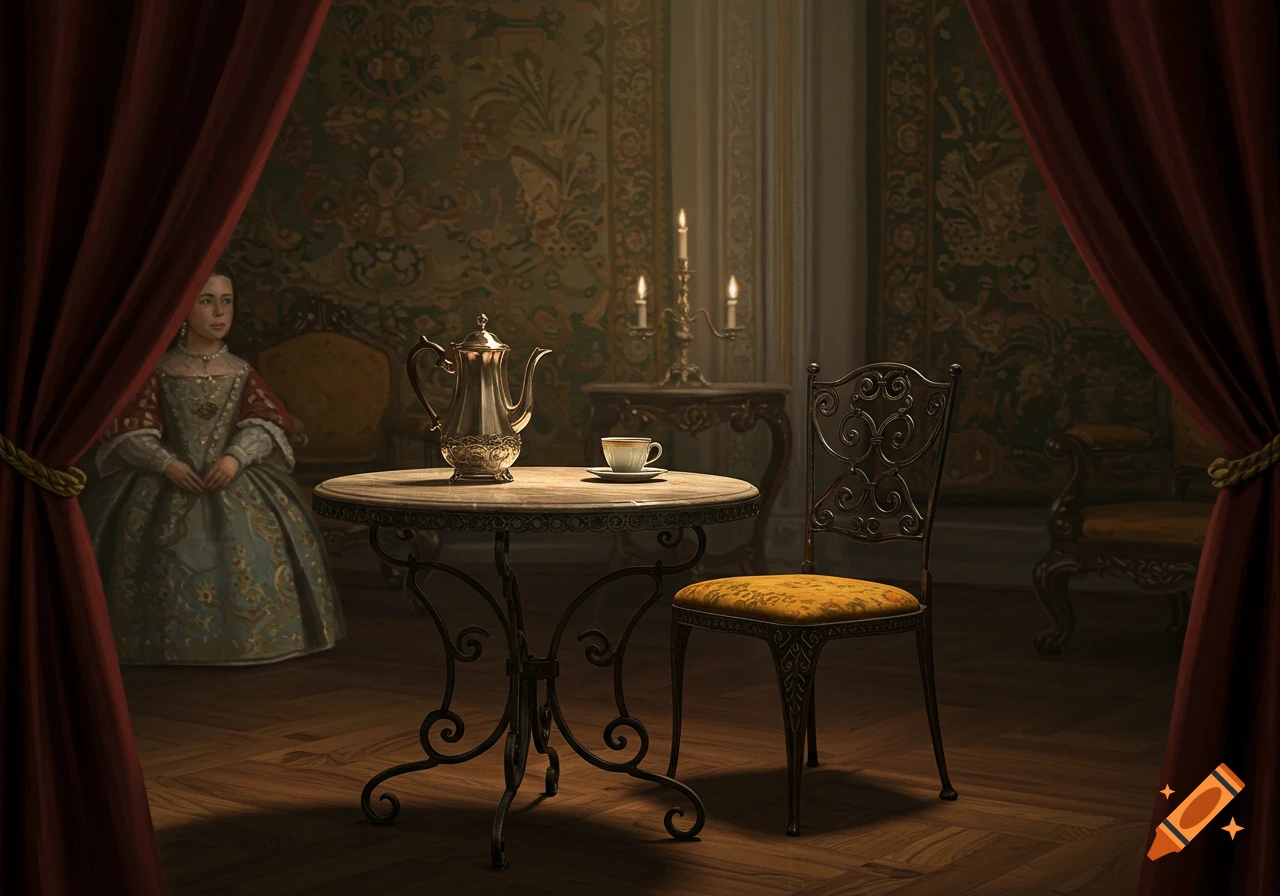 A woman in a historical dress looks out from behind a red curtain at a table with a teapot and teacup in an opulent, dimly lit room.