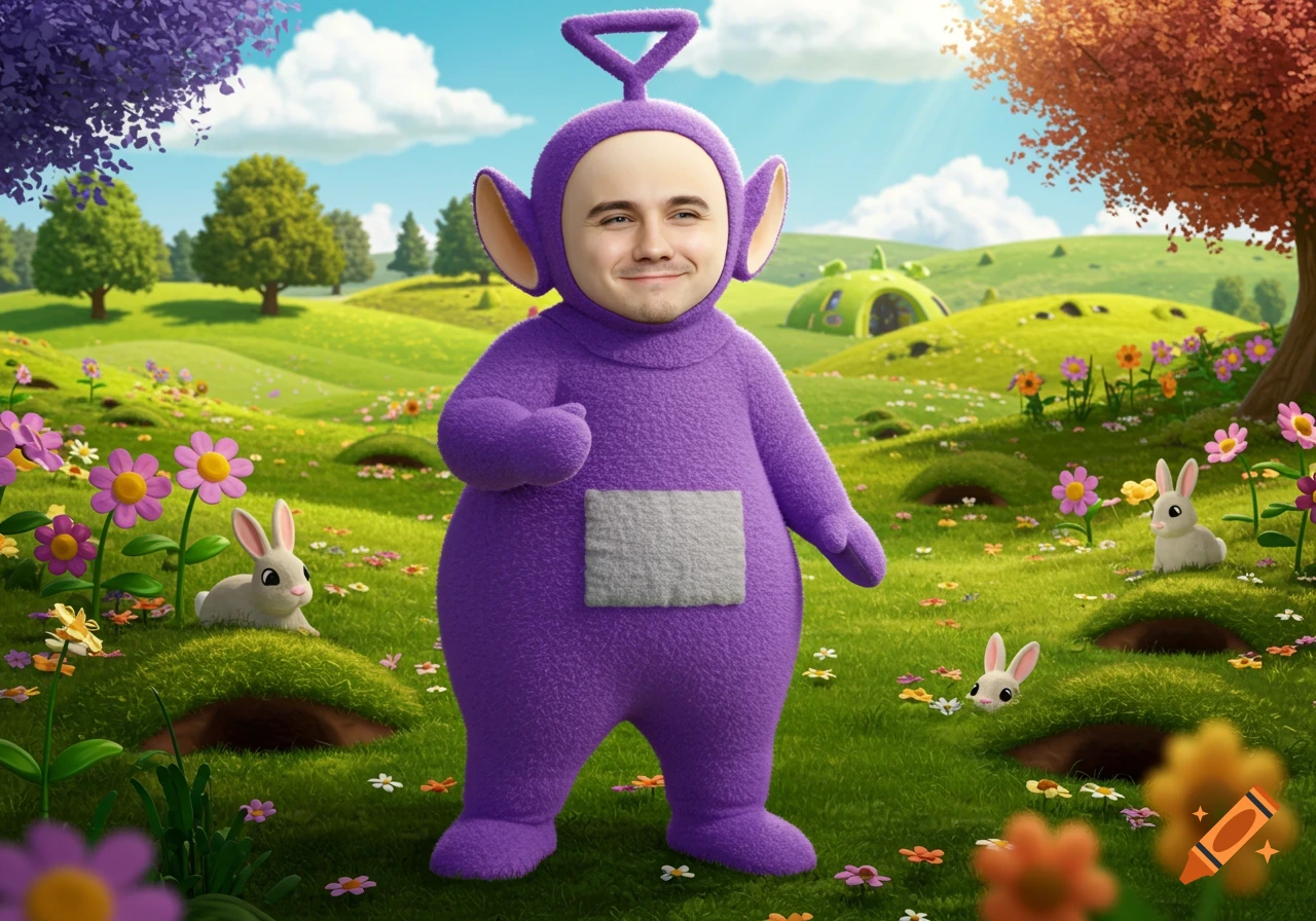 A purple Teletubby with a man's face stands in a brightly lit, flowery green field with hills, trees, and rabbits.