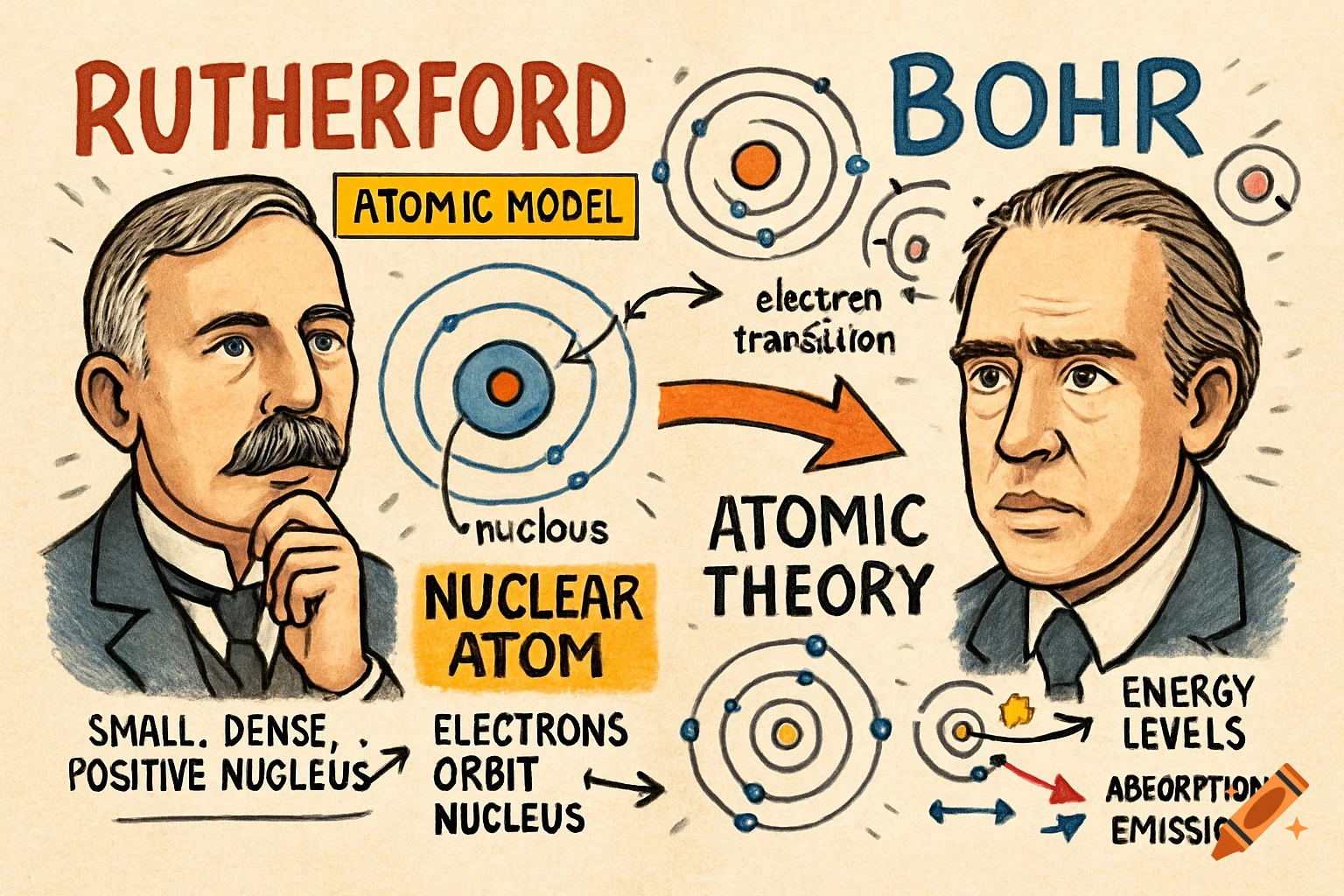 A detailed sketchnote-style diagram explaining the atomic models of Rutherford and Bohr, featuring their portraits and various annotations.