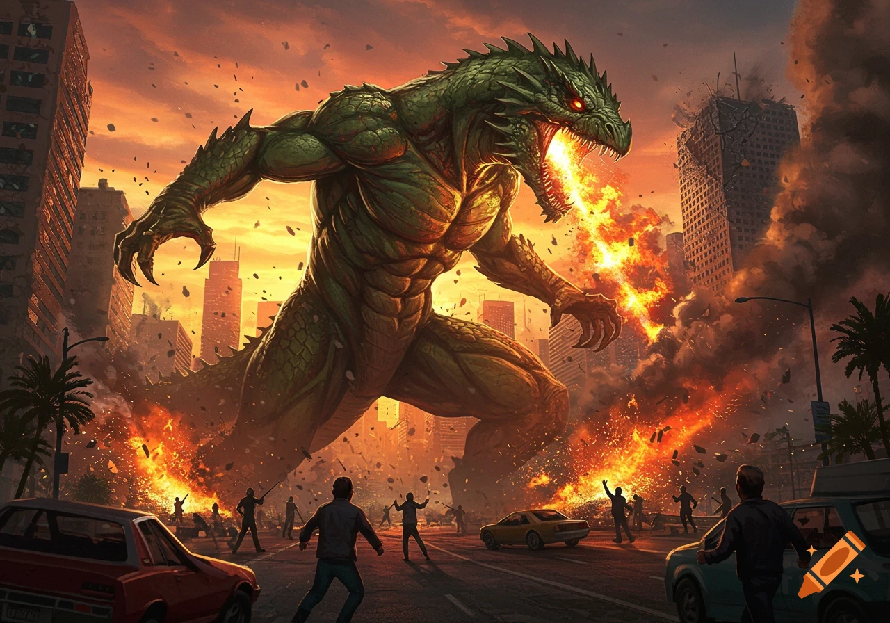Giant green dragon-like monster breathing fire and destroying a city at sunset as people flee.