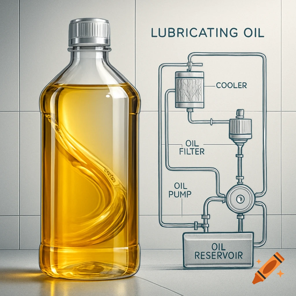 Clear bottle of golden lubricating oil next to a detailed diagram of an oil circulation system with labeled parts.