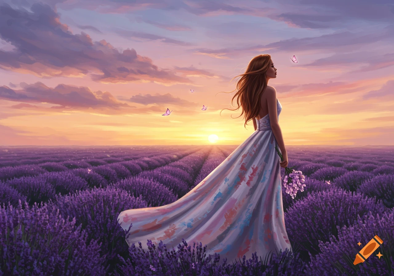 A woman in a long flowing dress stands in a vast lavender field at sunset, looking up at butterflies.