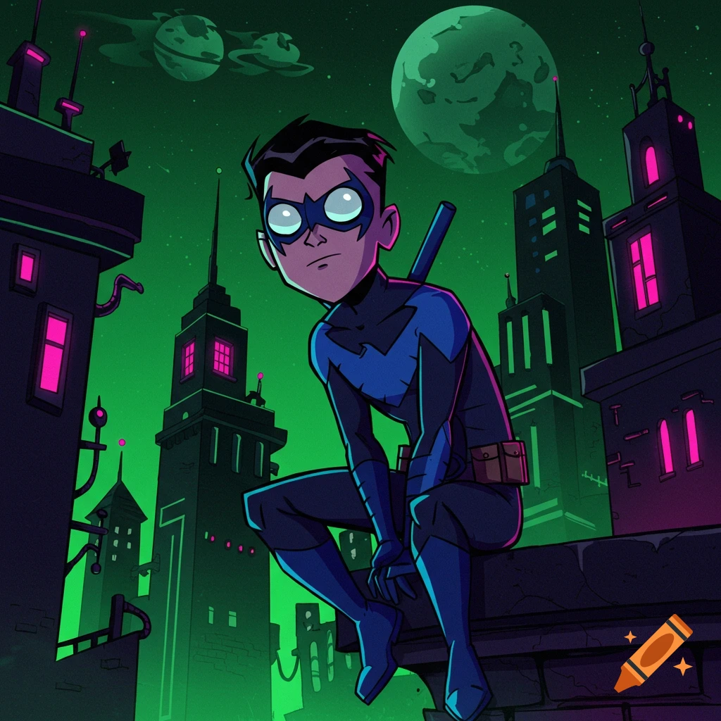 Cartoon Nightwing perched on a neon green city rooftop with alien planets in the sky.