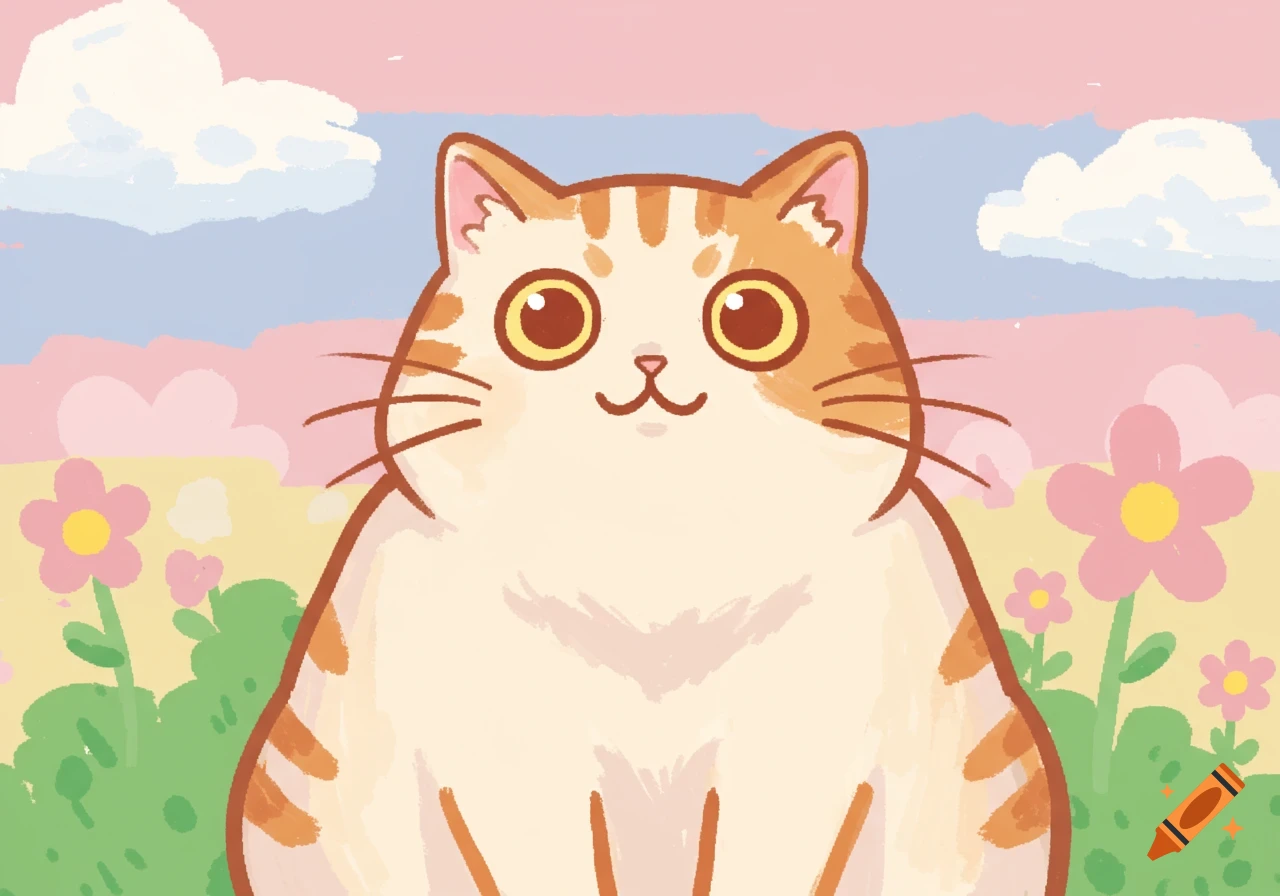 A cute, round, cartoon orange tabby cat with large eyes in a colorful field with flowers and clouds.