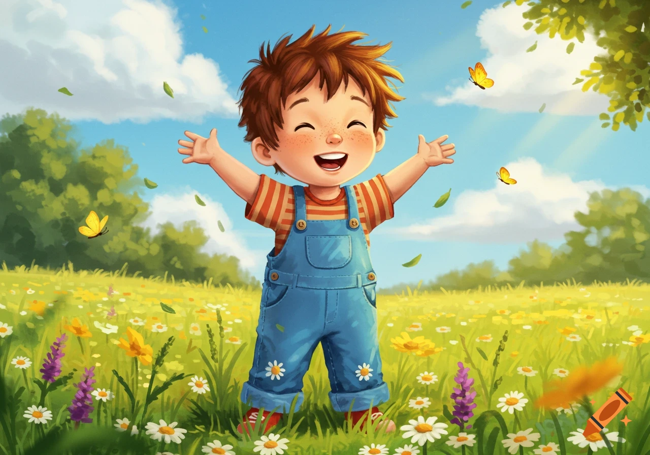 A happy boy with outstretched arms stands in a vibrant field of flowers under a sunny sky, with butterflies around him.