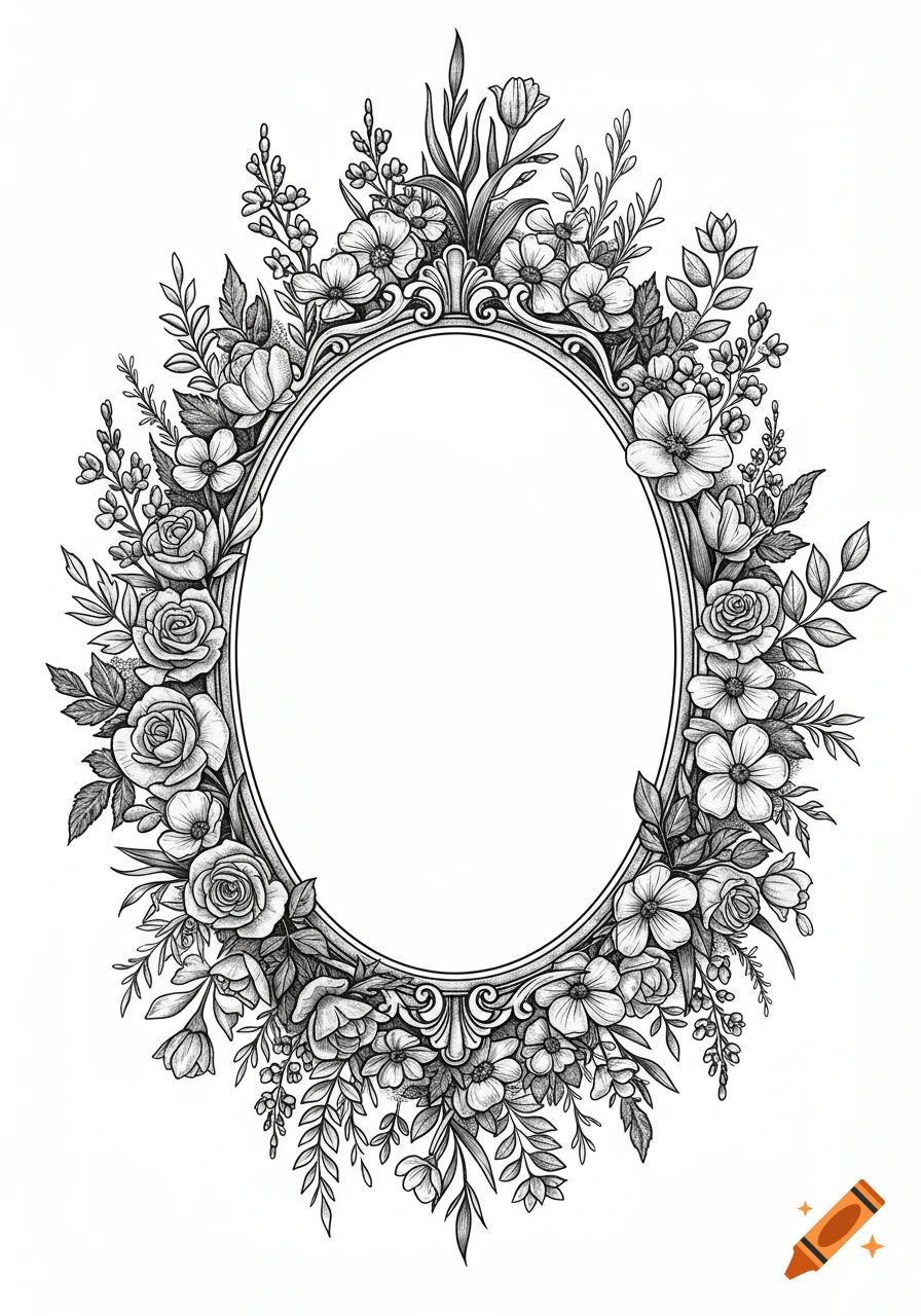 Black and white oval antique frame surrounded by a lush border of roses, tulips, and wildflowers in an illustrative tattoo style.