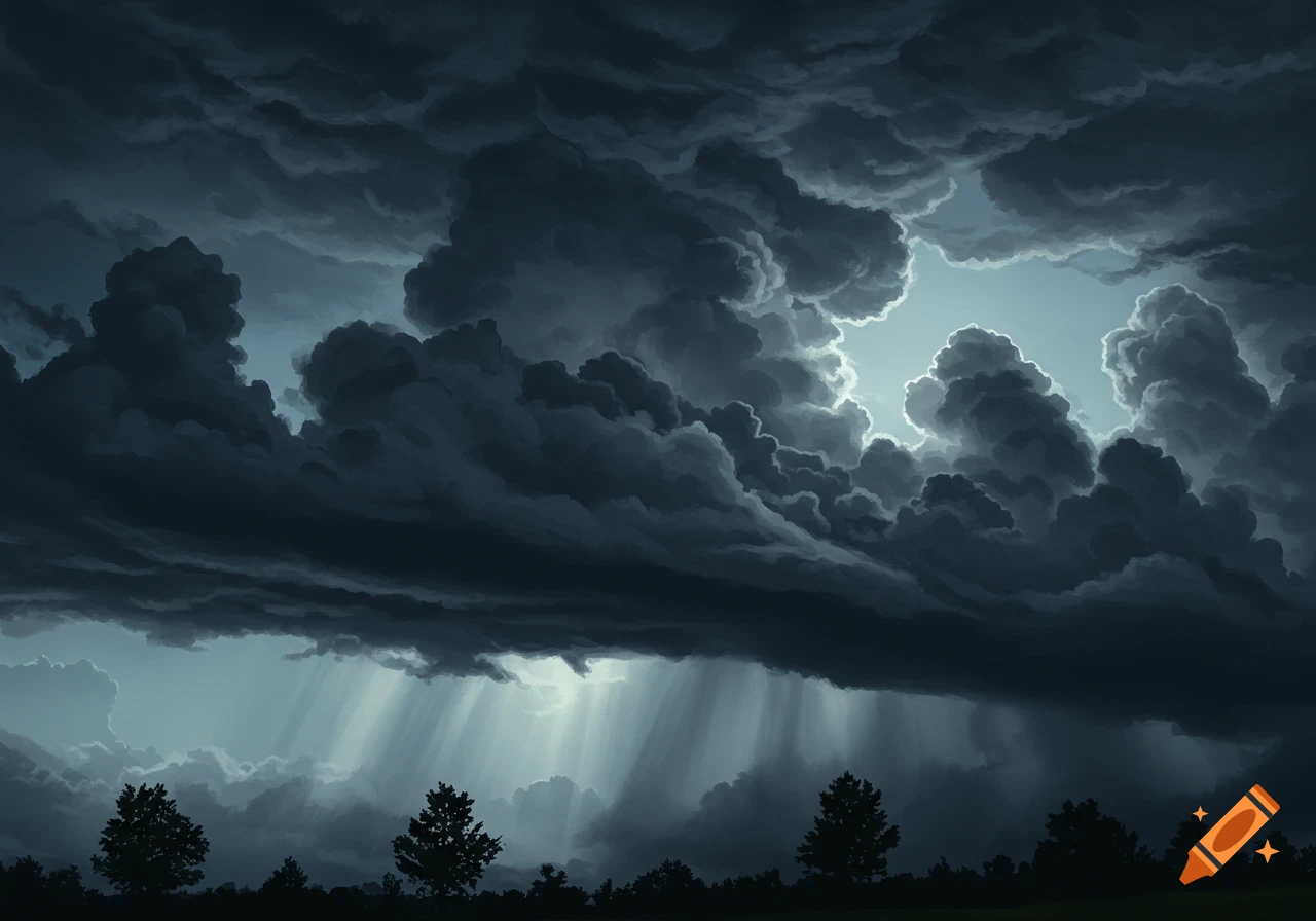 Dramatic dark storm clouds with light rays breaking through, silhouetted trees below.