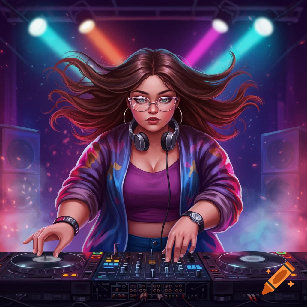 An illustrative portrait of a female DJ with long brown hair, glasses, and headphones, mixing music on turntables under colorful stage lights.