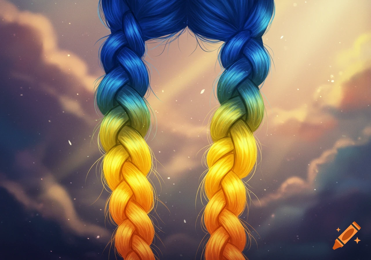 Two vibrant blue to yellow braided pigtails against a cloudy, sunset sky.
