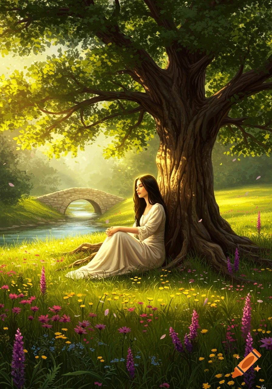 A woman sits peacefully under a large, leafy tree in a vibrant, sunlit field of wildflowers next to a river with a stone bridge.