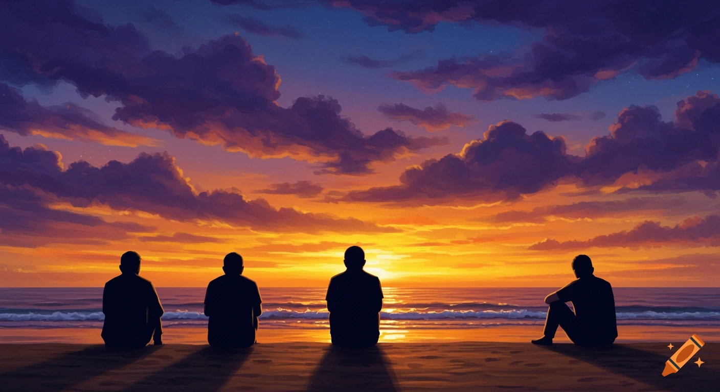 Silhouettes of four people sitting on a beach, facing the vibrant orange and purple sky during a late sunset over the ocean.