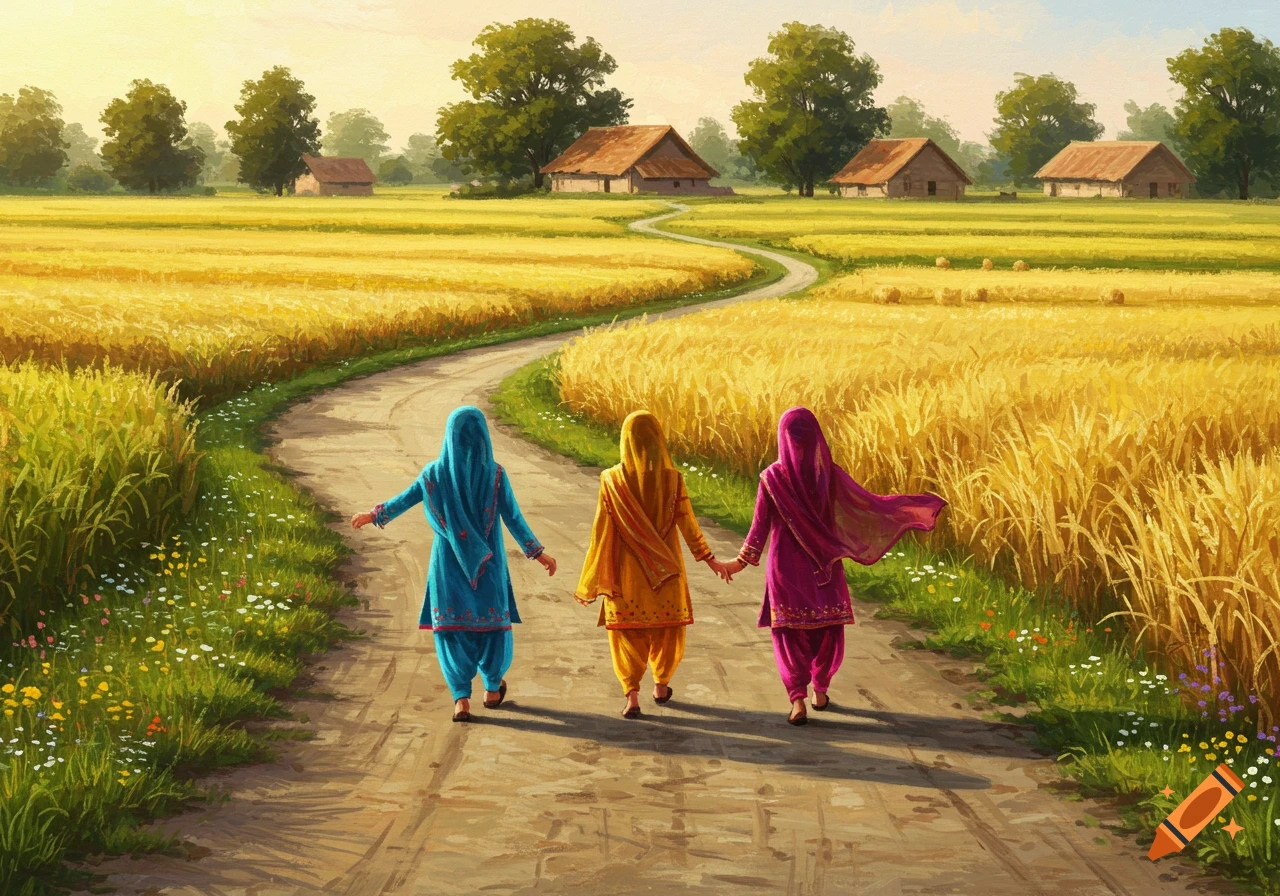 Three women in colorful traditional attire walk on a dirt path through golden fields towards village houses at sunset, in a painterly style.