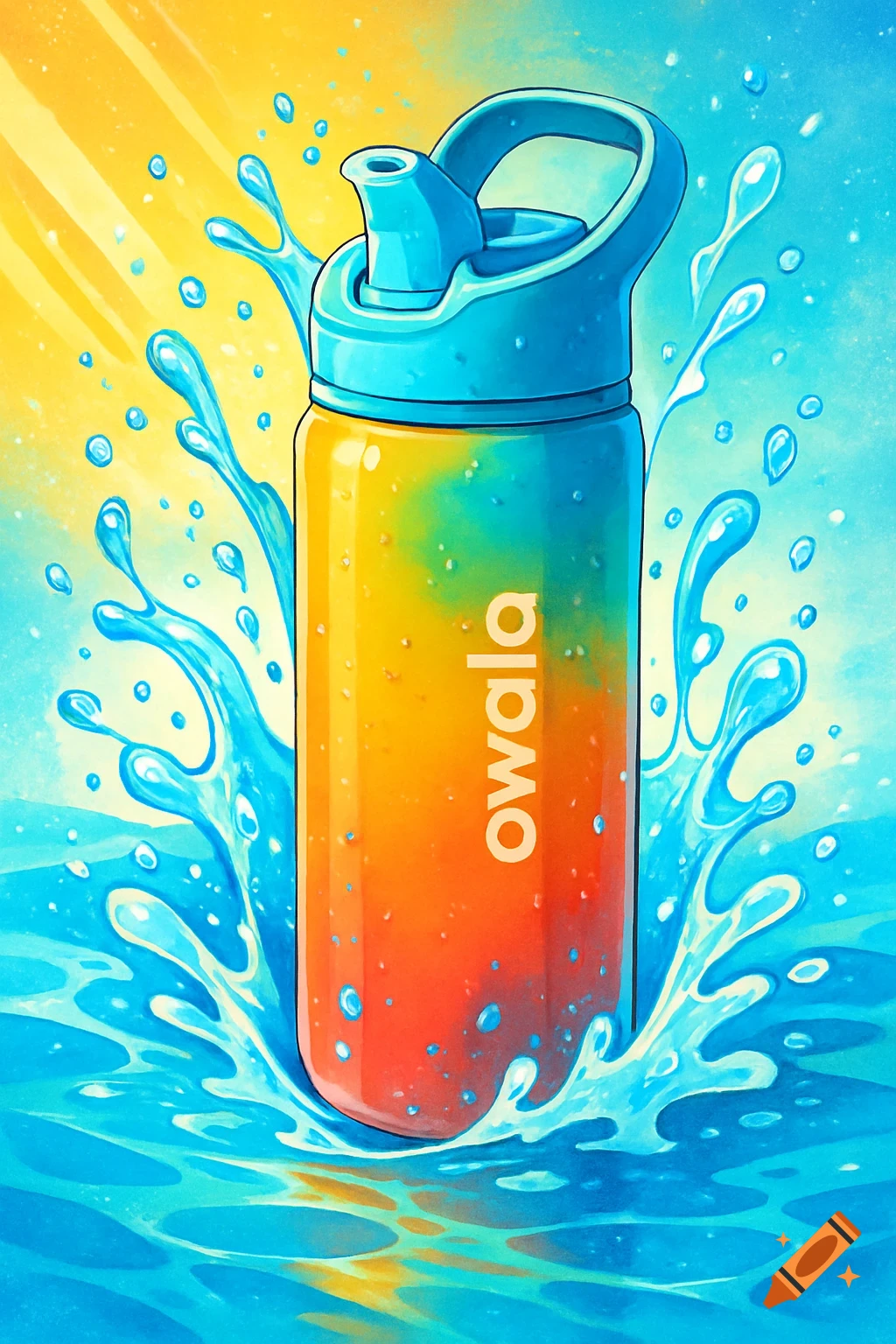 A vibrant, cartoon-style illustration of an 'owala' water bottle splashing in water with a bright yellow and blue background.