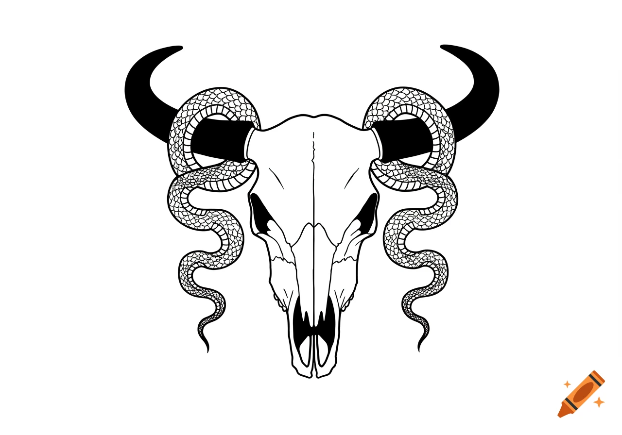 Black and white outline illustration of a cow skull with two snakes coiled around its horns.