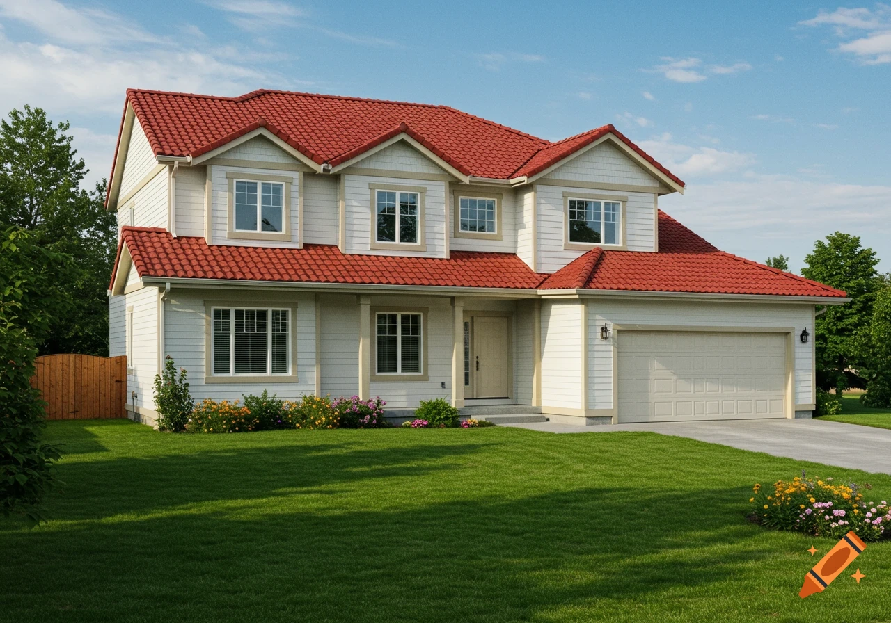 A photorealistic two-story white house with a red roof and tan trim, featuring a garage, a green lawn, and some flowers under a blue sky.