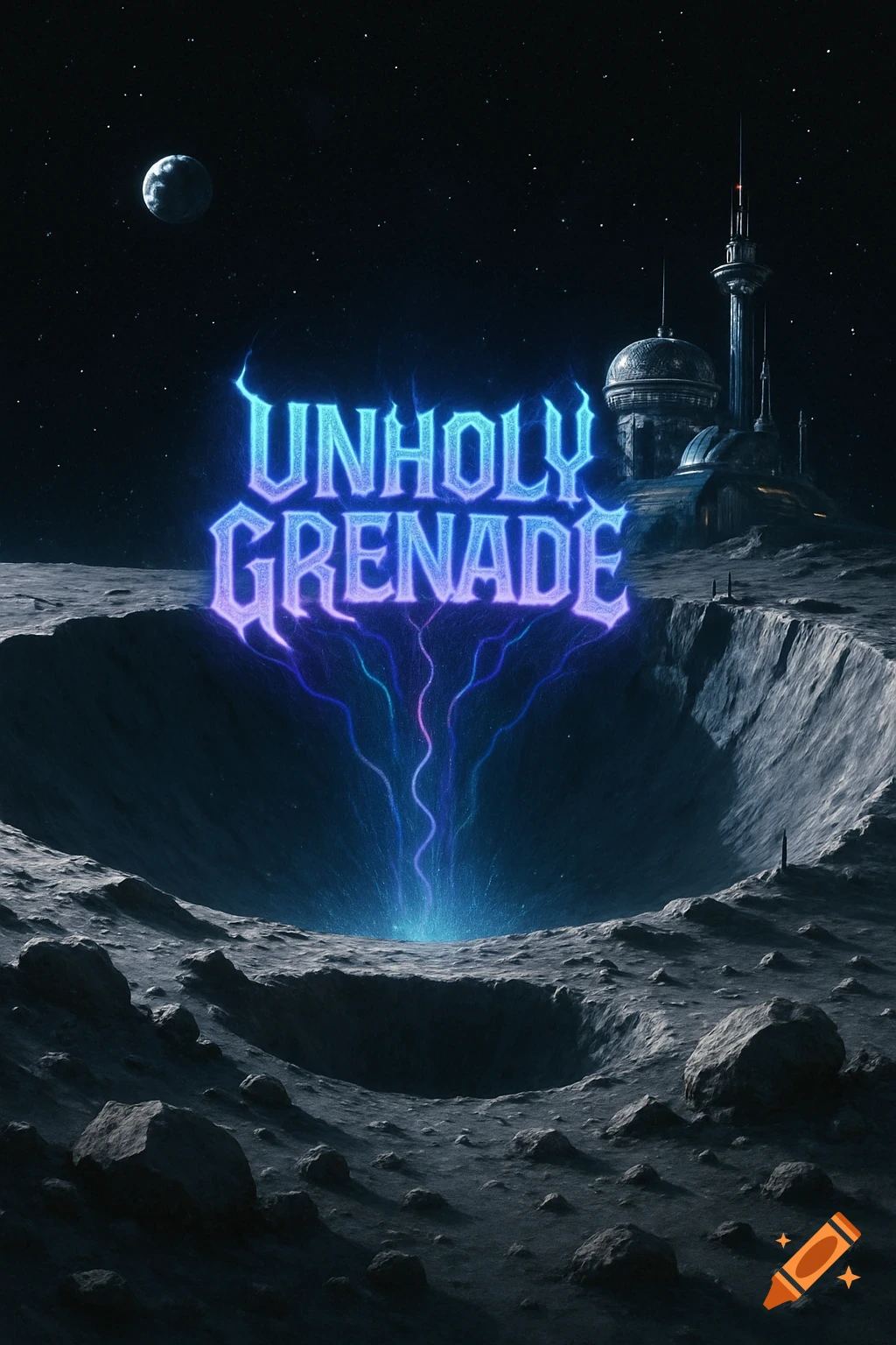 A glowing 'UNHOLY GRENADE' text hovers over a moon crater, with a futuristic moon base and a distant planet under a starry sky.