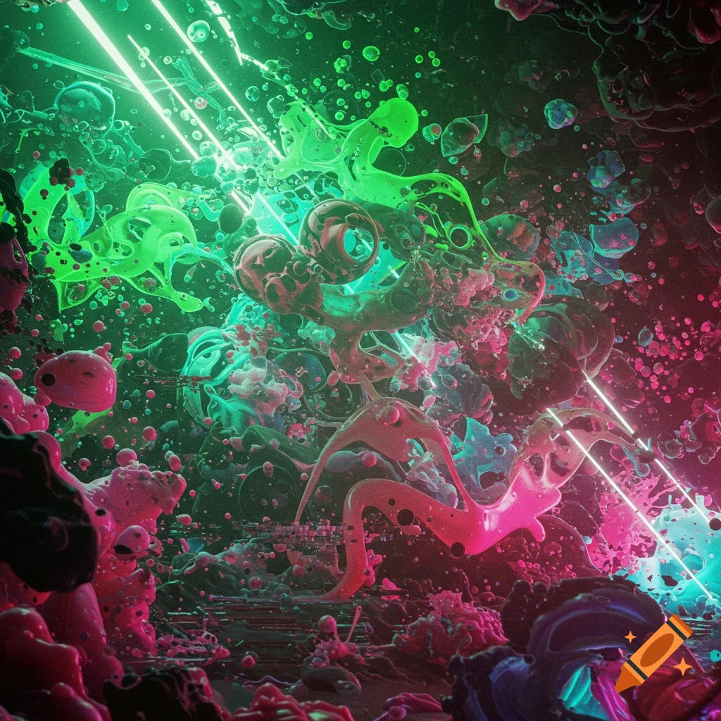 Vibrant abstract image of glowing green and pink fluid forms with bubbles and bright neon lines.