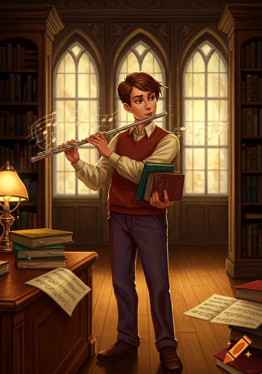 A student in a vest and collared shirt plays a silver flute in a large, ornate library with arched windows and bookshelves, while holding a stack of books under one arm. Sheet music is on a desk and the floor.